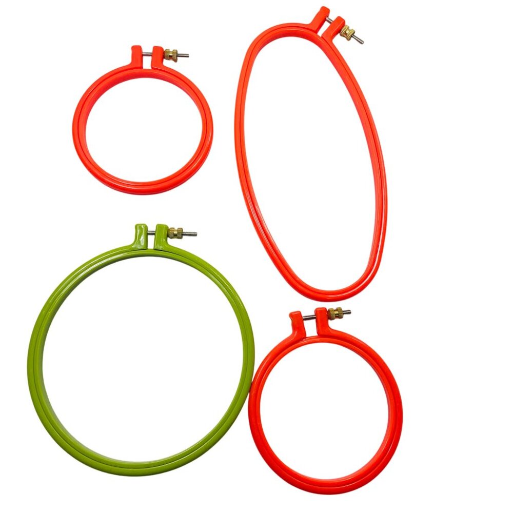 Set Of 4 Colorful Embroidery Hoops - Round & Oval Frames Orange Green